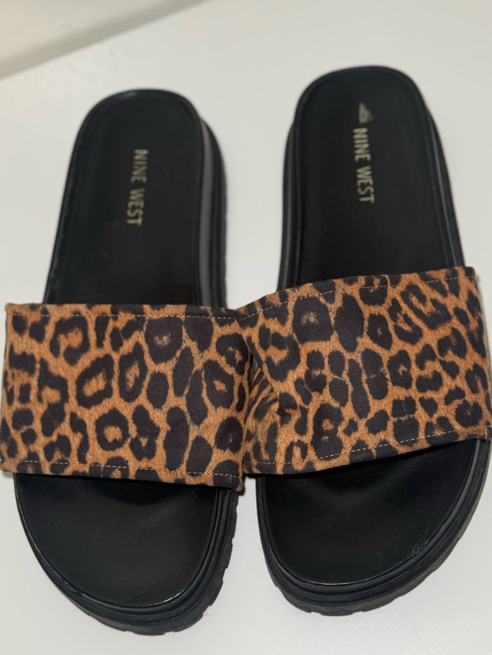 Nine West Leopard-Print Slide Sandals - Black & Brown Size 10 Woman